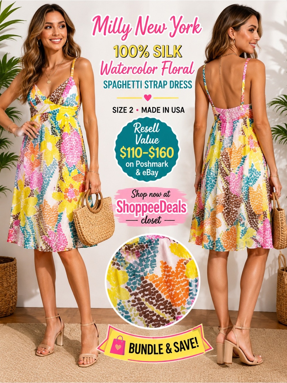 Milly New York 100% Silk Watercolor Floral Spaghetti Strap Dress – Size 2